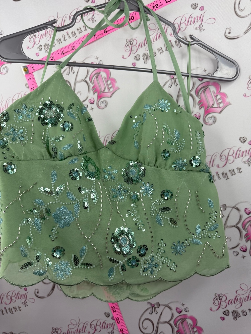 THIRTY THIRTY tank top sequins sparkly Embroidered Halter Crop Top - Green